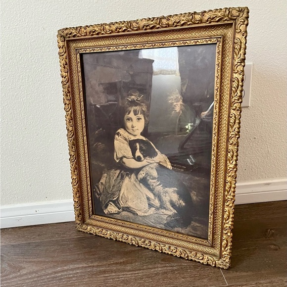 Vintage Gold Framed Child and Dog Art Print 16/20 Inch - Picture 3 of 10